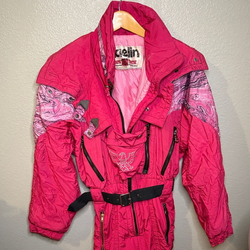 VINTAGE Pink Ski Suit with Black Accents size Large